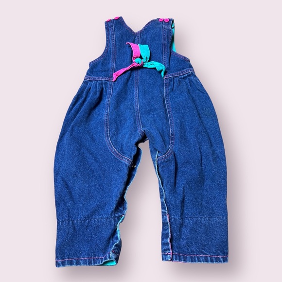 Vintage Baby All Mine Denim Blazer Overall Set Flower Fruit Pink Teal Sz 12 M - Picture 13 of 16